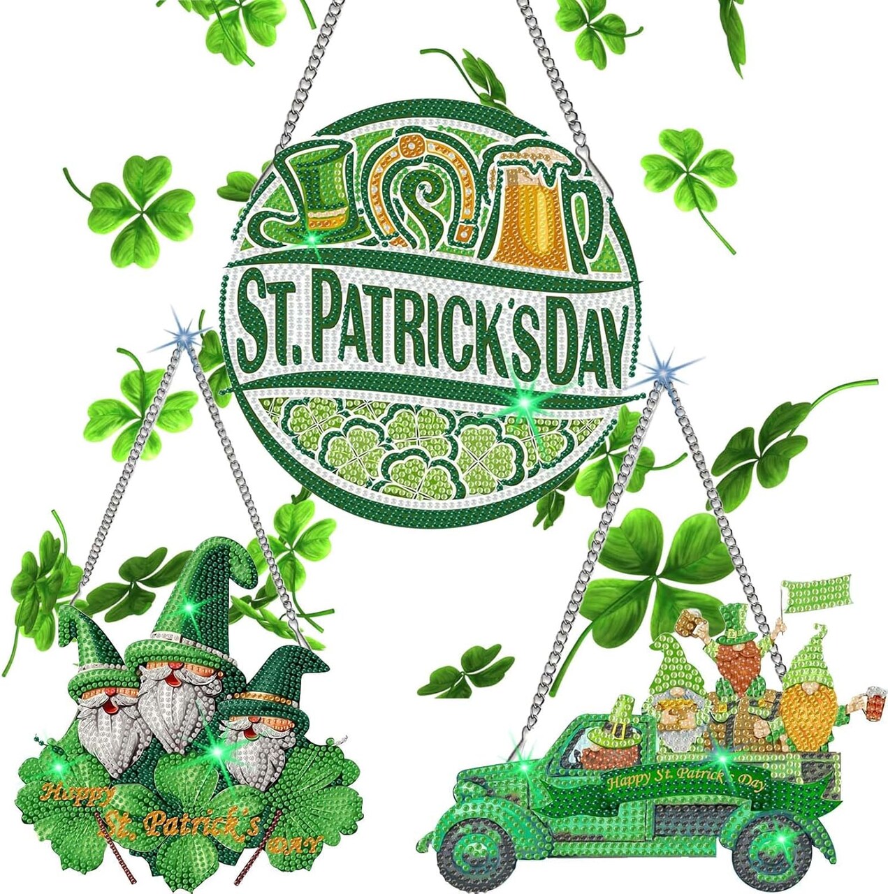 3-Piece St. Patrick’s Day Diamond Painting Kit Set – DIY 5D Gnome Diamond Art Hanging Signs for Wall, Door & Window Decor – Festive Shamrock Home Decorations Craft Kit